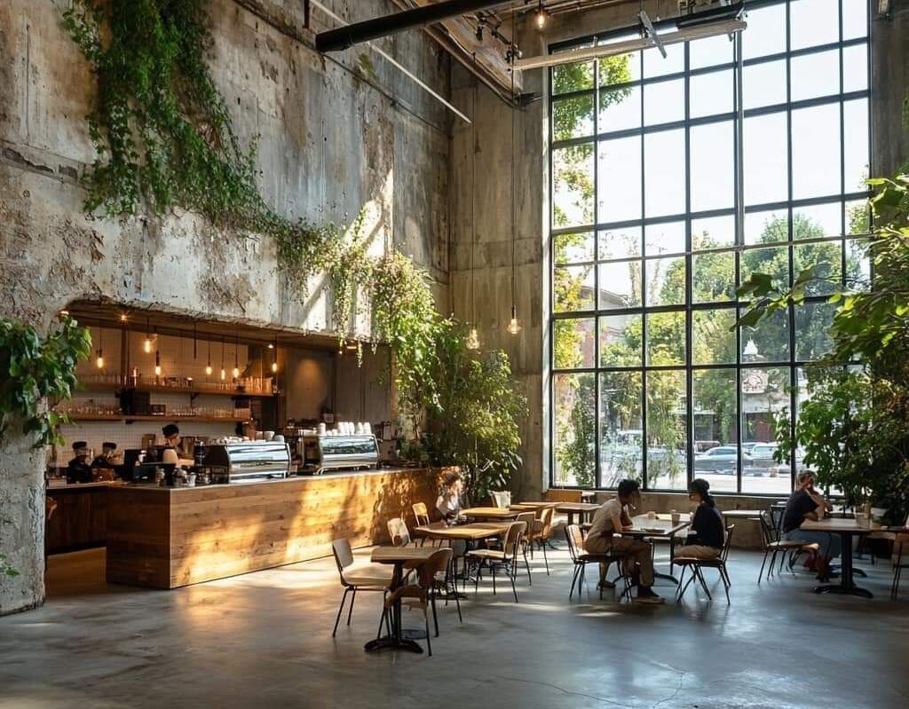 ресторан из бетона с растениями